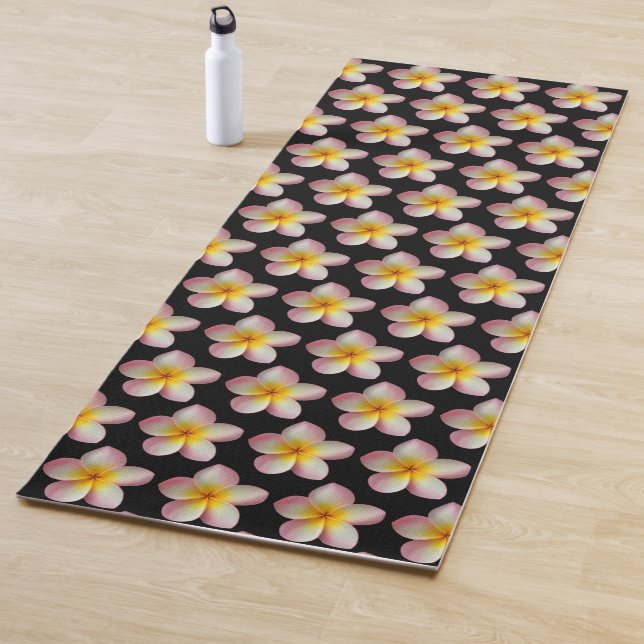 Pastel Frangipani Plumeria Flowers on Black Yoga Mat (In Situ)