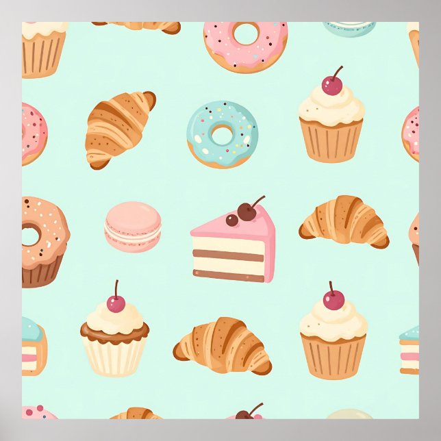Pastel French Pastries Cute Dessert Pattern Poster (Front)