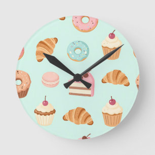 Pastel French Pastries Cute Dessert Pattern Round Clock