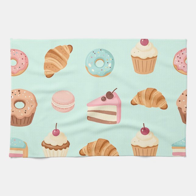 Pastel French Pastries Cute Dessert Pattern Tea Towel (Horizontal)