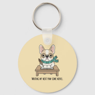 Pastel Frenchie Writing Novel Glasses Dog Design Key Ring