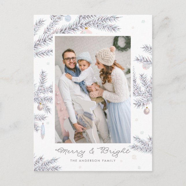 Pastel Frosted Pine Needles Merry and Bright Photo Holiday Postcard (Front)