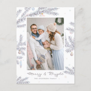Pastel Frosted Pine Needles Merry & Bright Photo Holiday Postcard
