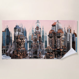 Pastel Futuristic City Fantasy Skyline Art Beach Towel
