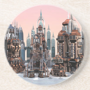 Pastel Futuristic City Fantasy Skyline Art Coaster