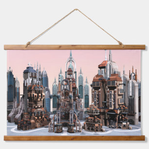 Pastel Futuristic City Fantasy Skyline Art Hanging Tapestry