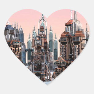 Pastel Futuristic City Fantasy Skyline Art Heart Sticker