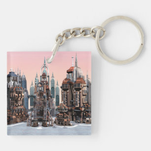 Pastel Futuristic City Fantasy Skyline Art Key Ring
