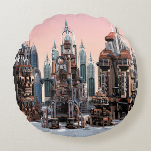 Pastel Futuristic City Fantasy Skyline Art Round Cushion