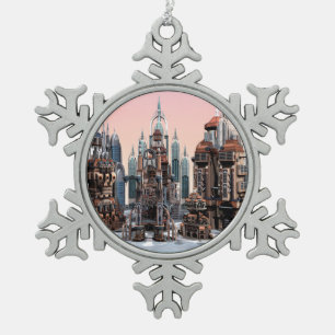 Pastel Futuristic City Fantasy Skyline Art Snowflake Pewter Christmas Ornament