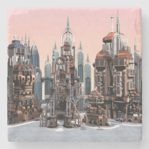 Pastel Futuristic City Fantasy Skyline Art Stone Coaster