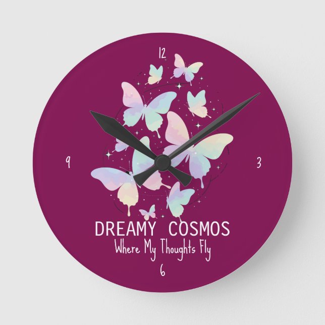 Pastel Galaxy Butterflies Dreamy Aesthetic Round Clock (Front)