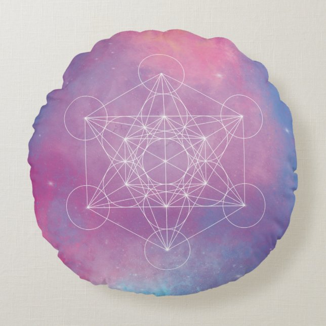 Pastel Galaxy Metatron’s Cube Sacred Geometry Round Cushion (Front)