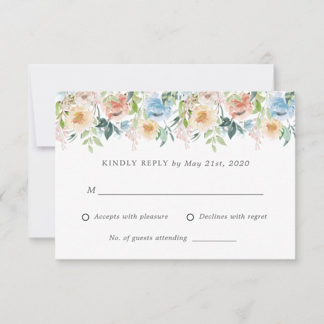 Pastel Garden Blue Floral Wedding RSVP reply Card (Front)