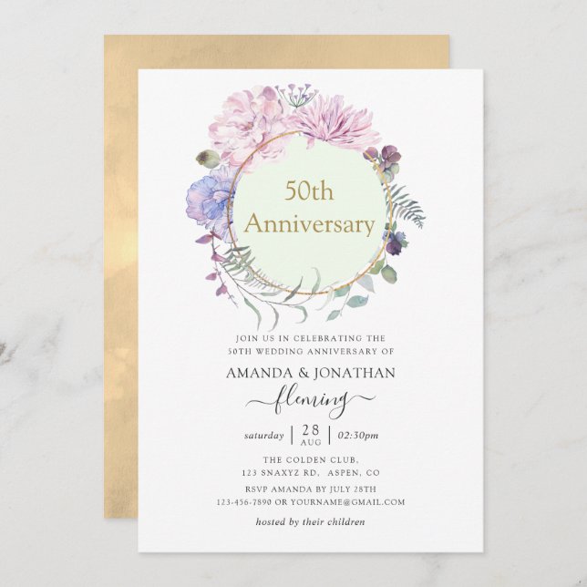 Pastel Geometric Peonies 50th Wedding Anniversary Invitation (Front/Back)