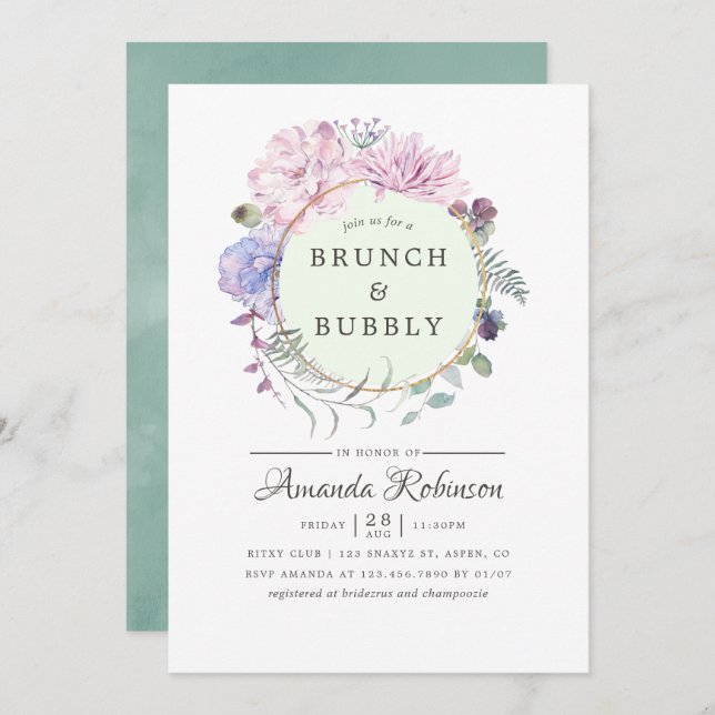 Pastel Geometric Peonies Floral Brunch and Bubbly Invitation (Front/Back)