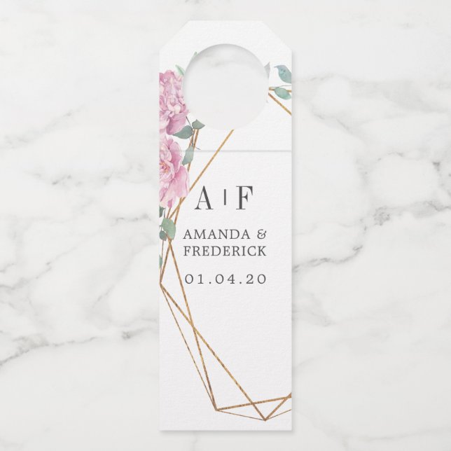 Pastel Geometric Peonies Floral Wedding Bottle Tag (Front)
