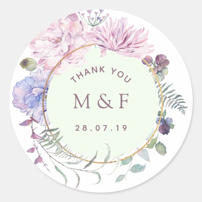Pastel Geometric Peonies Floral Wedding Classic Round Sticker (Front)