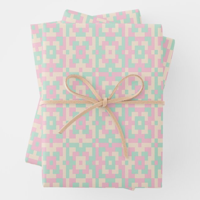 Pastel Geometric Pixel Art Seamless Pattern Wrapping Paper Sheet (In situ)