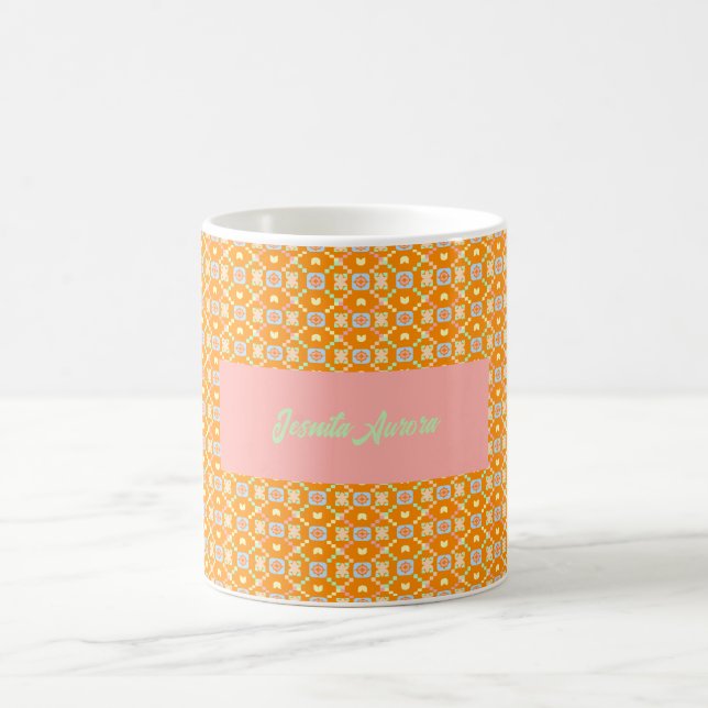 Pastel Geometric Pixel Pattern on Vibrant Orange  Coffee Mug (Center)