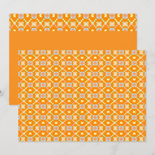 Pastel Geometric Pixel Pattern on Vibrant Orange  Invitation (Front/Back)
