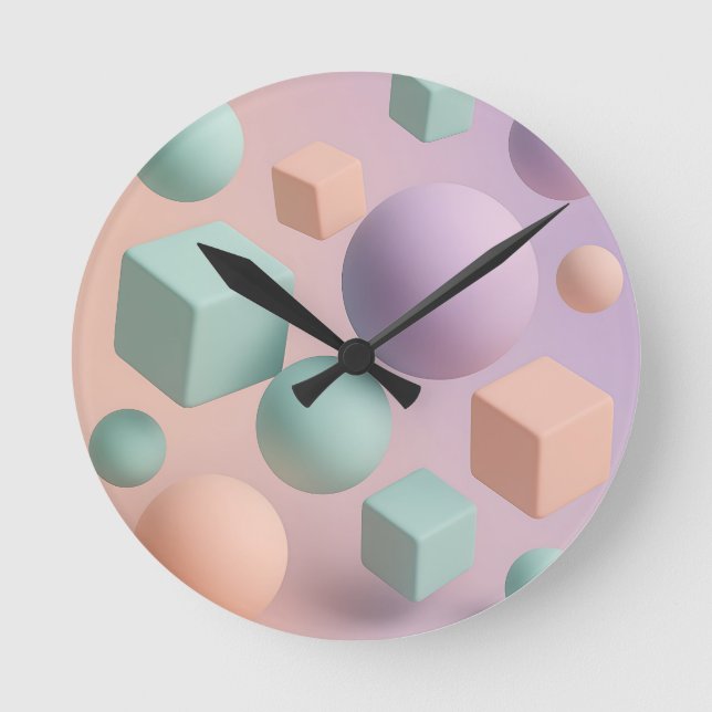 Pastel Geometric Spheres Cubes Round Clock (Front)