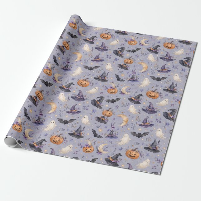 Pastel Ghost Witch Hat Halloween Pattern Gift Wrap (Unrolled)