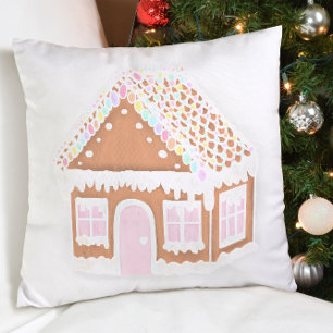 Pastel Gingerbread House Christmas Throw Pillow
