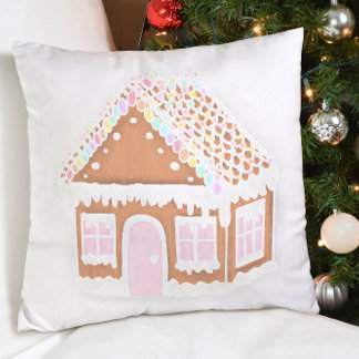 Pastel Gingerbread House Christmas Throw Pillow