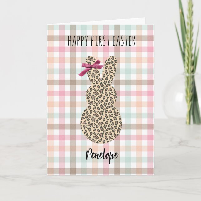 Pastel Gingham Leopard Bunny Happy 1st Easter Card (Front)