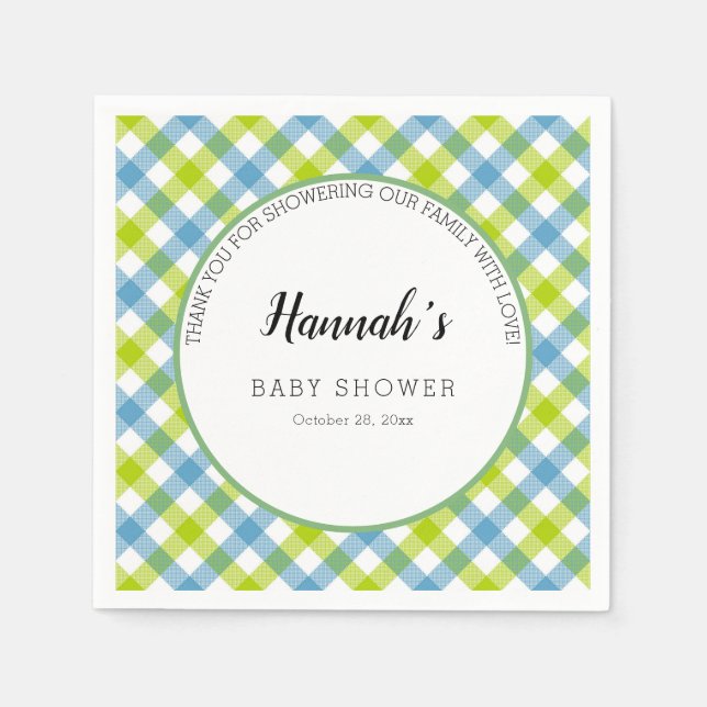 Pastel Gingham Napkins Baby Shower Blue Green (Front)