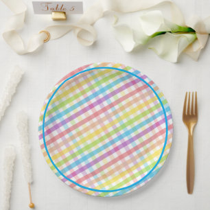 Pastel Gingham Rainbow Baby Shower Blue Paper Plate