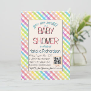 Pastel Gingham Rainbow Baby Shower Pink Invitation