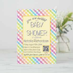 Pastel Gingham Rainbow Baby Shower Yellow Invitation