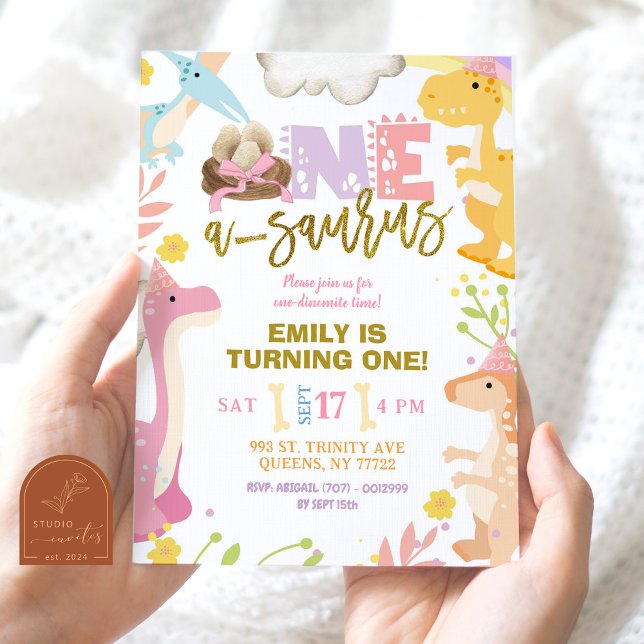 Pastel Girl A-Saurus Dinosaur First Birthday Party Invitation (Creator Uploaded)