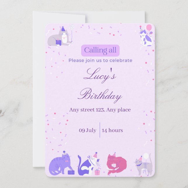 Pastel Girl Cat Invite (Front)