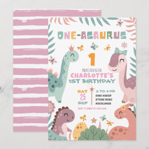 Pastel Girl Dinosaur 1st Birthday Invitation