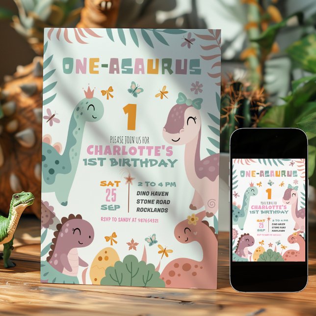 Pastel Girl Dinosaur 1st Birthday Invitation (Creator Uploaded)