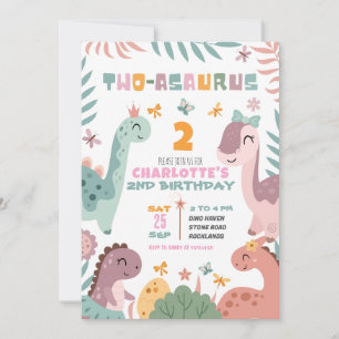 Pastel Girl Dinosaur 2nd Birthday Invitation