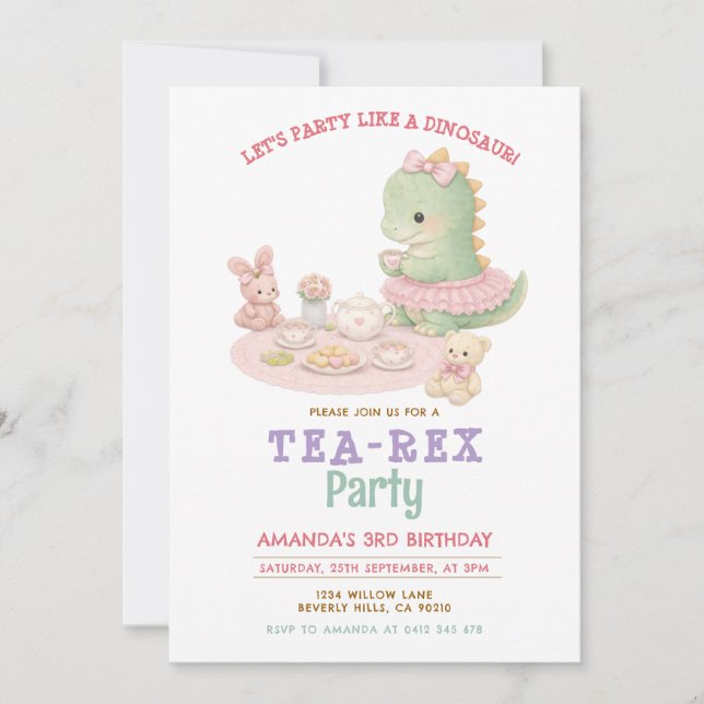 Pastel Girl Dinosaur Tea-Rex 3rd Girl Birthday Invitation (Front)