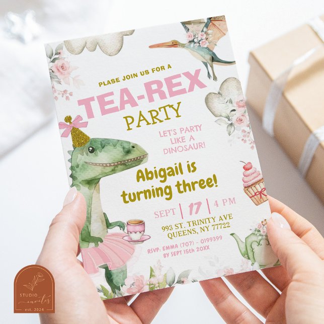 Pastel Girl Dinosaur Tutu Tea-Rex First Birthday Invitation (Creator Uploaded)