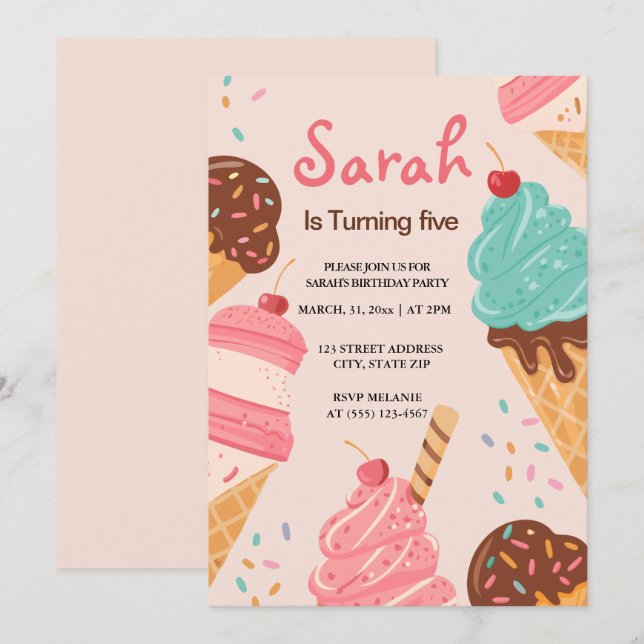 Pastel Girls Ice Cream Summer Birthday  Invitation (Front/Back)