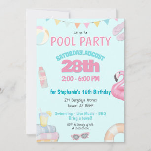 Pastel Girls Summer Pool Birthday Party Invitation
