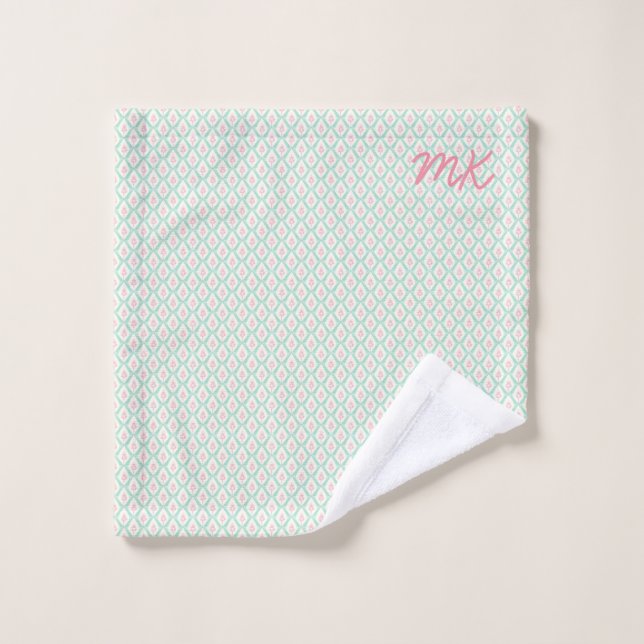 Pastel Girly Green & Pink Pattern With Initials Wash Cloth (Wash Cloth)