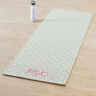 Pastel Girly Green & Pink Pattern With Initials Yoga Mat