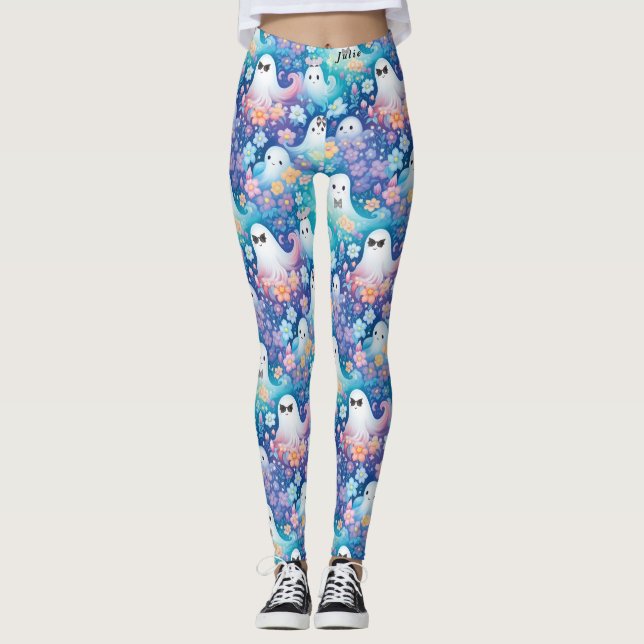 Pastel Girly Halloween Cute Ghost Retro Floral  Leggings (Front)