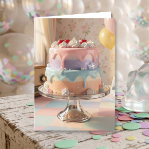 Pastel Glass Birthday Cake with Cherries   Card