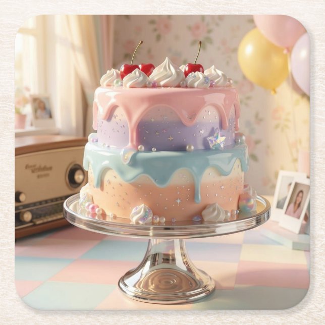 Pastel Glass Birthday Cake with Cherries   Square Paper Coaster (Front)