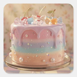 Pastel Glass Food Aesthetic Rainbow Birthday Cake Square Sticker