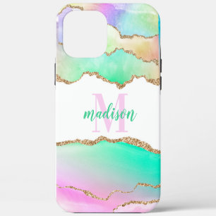 Pastel Glitter Agate Monogrammed iPhone 12 Pro Max Case